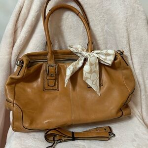 Classy Coach Tan Leather Satchel with Accent Bow and Extra Strap